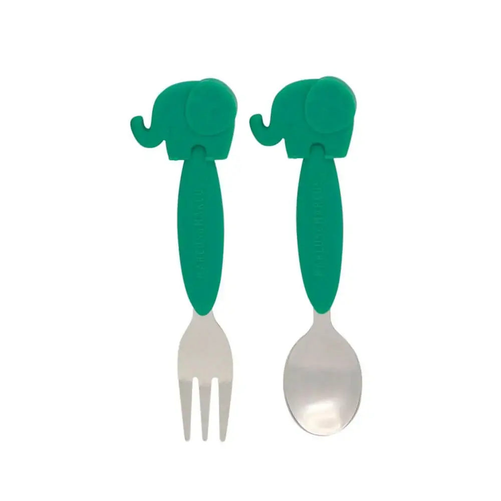 Jogo de Colher e Garfo Cabo em Silicone Elefante Verde - Marcus&Marcus