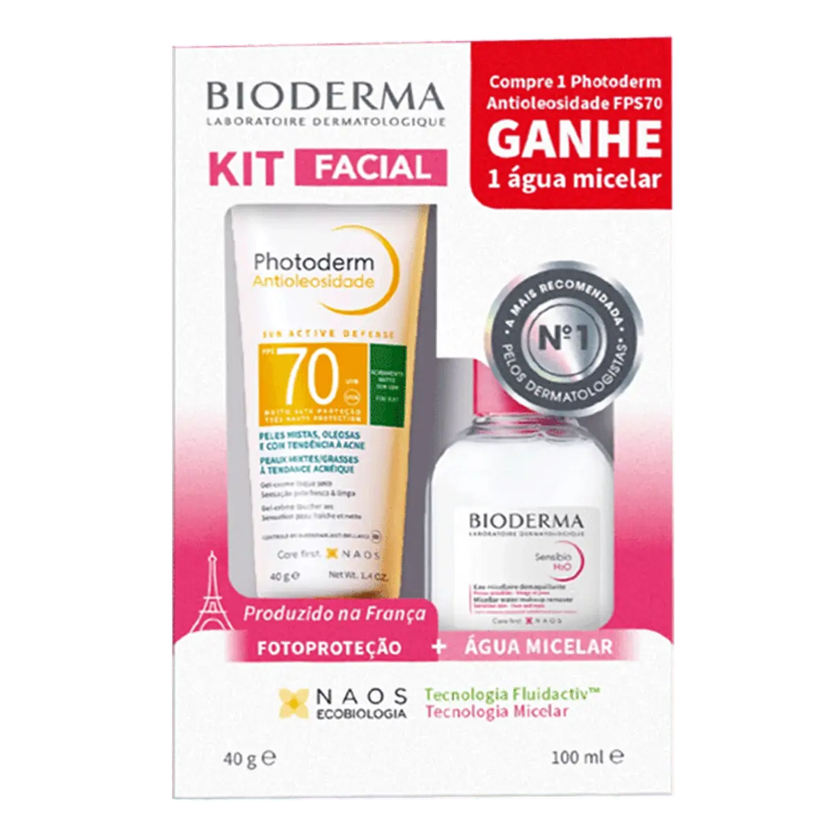 Kit Bioderma Protetor Solar Facial FPS 70 Photoderm Antioleosidade 40g + Água Micelar Sensibio H2O 1