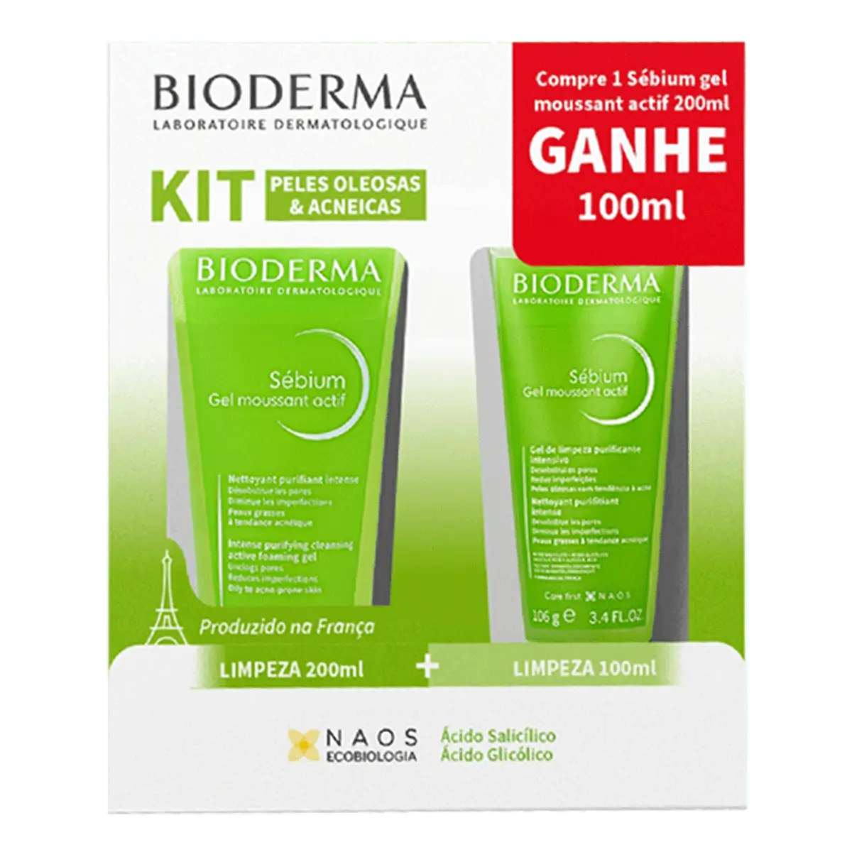 Kit Bioderma Gel de Limpeza Purificante Sebium Moussant Actif 200ml + 100ml