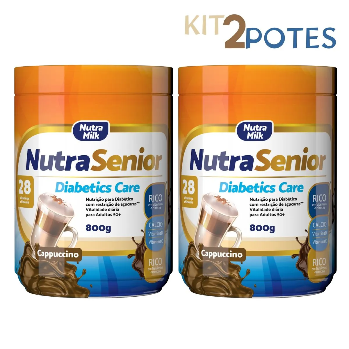 Kit 2 Nutra Senior 50+ Diabetics Care 800g Complemento Alimentar ZERO AÇÚCAR Cappuccino