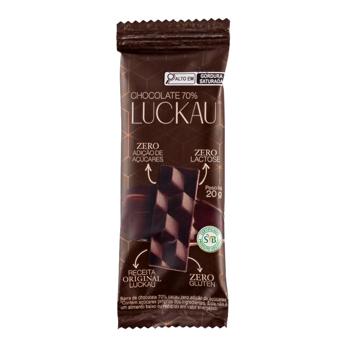 Barra de Chocolate Luckau 70% Sem Lactose Sem Açúcar 20g