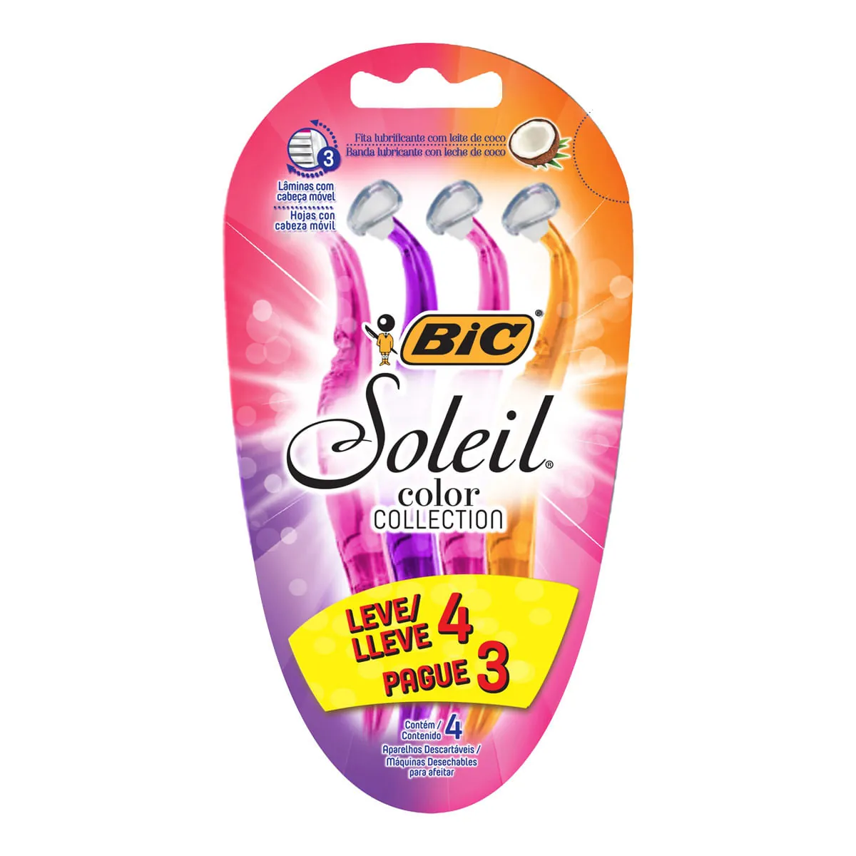 Depilador Bic Soleil Rosa, Roxo e Laranja 4 Unidades - Aparelho Depilatório Bic Soleil Color 4 Unida