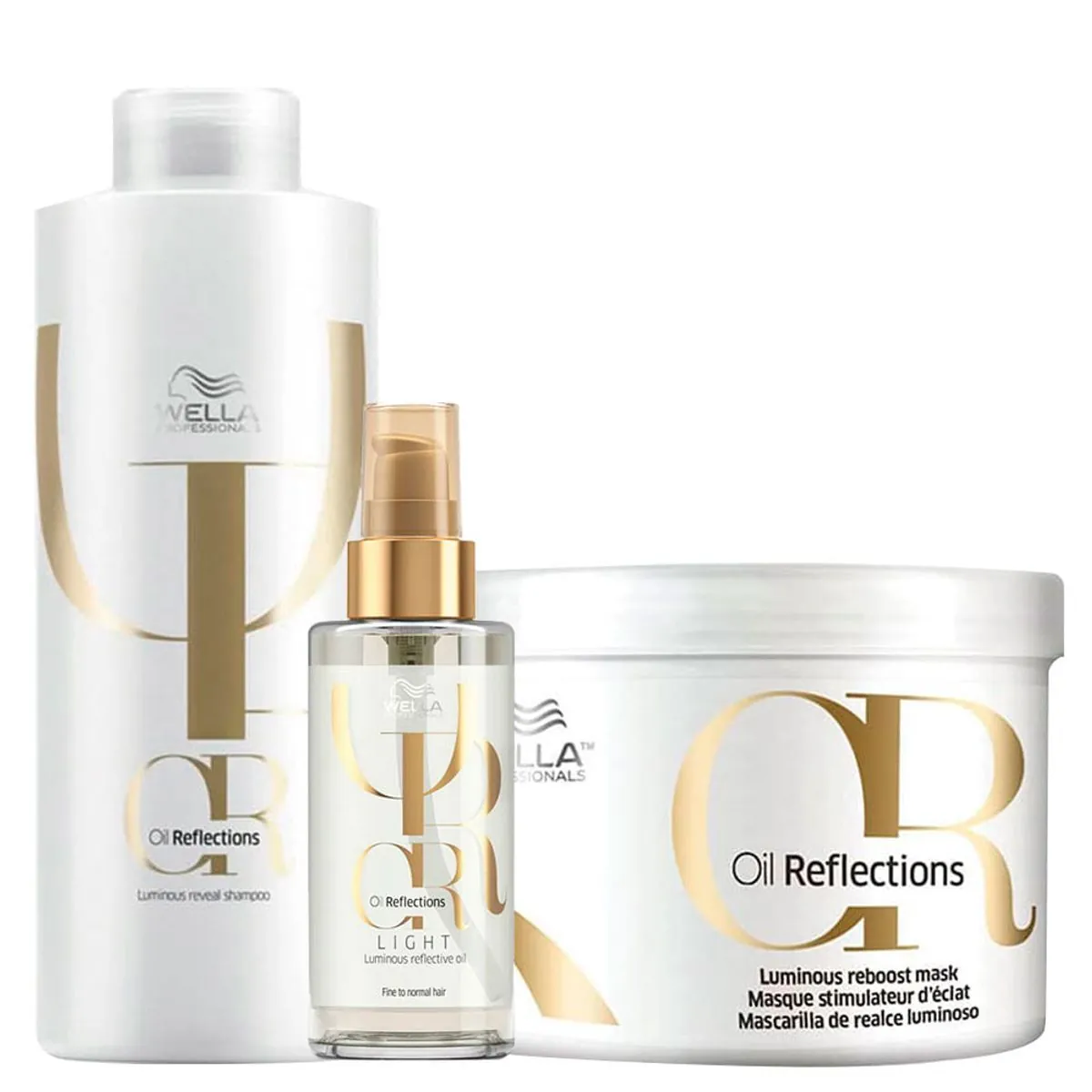 Kit Wella Oil Reflections - Shampoo 1000 ml + Máscara 500 ml + Óleo Light 100 ml - Kit Wella Oil Re