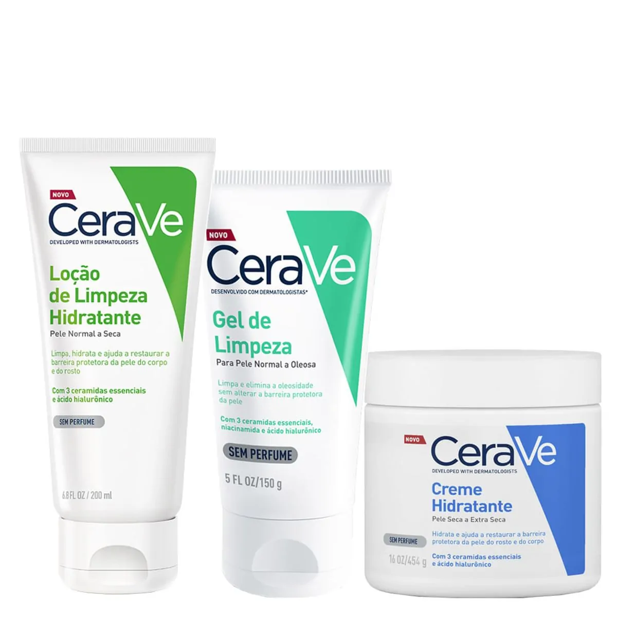 Kit Cerave - Creme Hidratante Corporal- 454 g- + Gel Facial de Limpeza 150 g- + Loção de Limpeza Cor