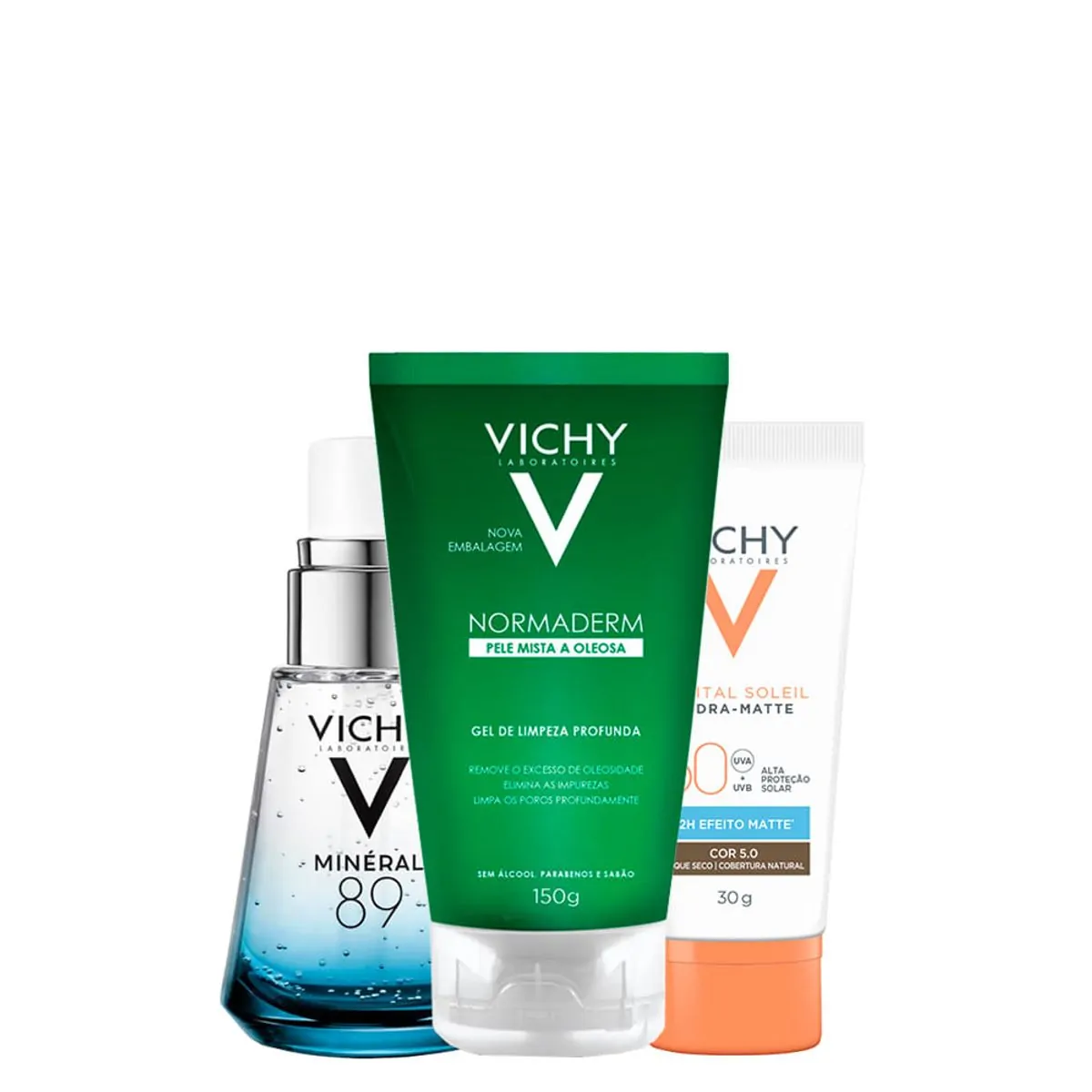 Kit Vichy Facial - Gel de Limpeza Profunda 150 g + Protetor Solar FPS 50 Cor 5.0 30 g + Sérum Hidra
