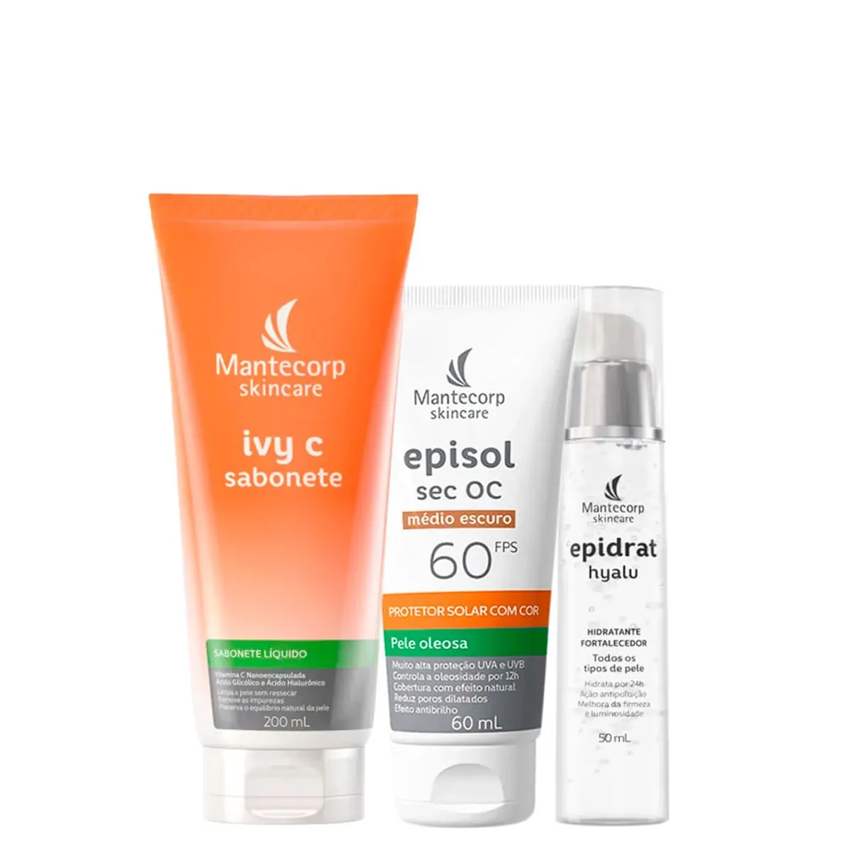 Kit Facial Mantecorp - Protetor Solar FPS 60 Médio Escuro 60 ml + Sabonete Líquido 200 ml + Gel Hidr
