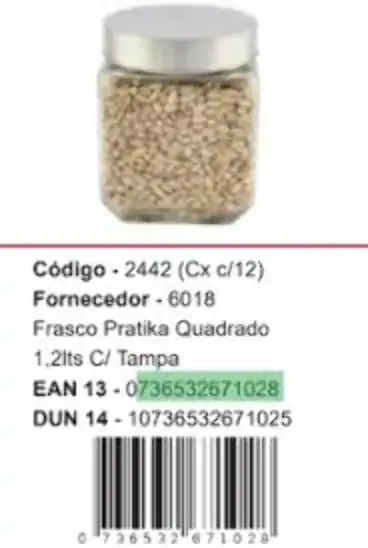 Frasco Quadrado Pratika 1,2l C/tampa