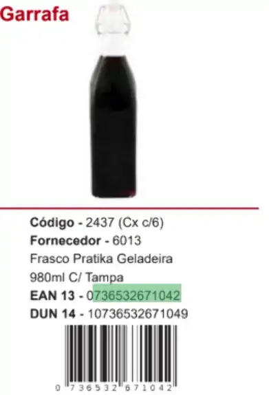 Frasco Geladeira Pratika 980ml C/tampa