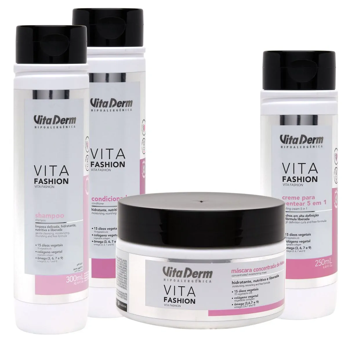 Kit Crespos e Cachos Vita Fashion - Shampoo 300ml + Condicionador 300ml + Máscara Vita Fashion 220g