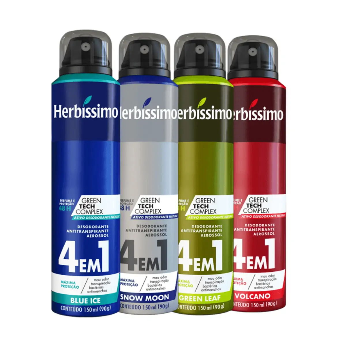 Kit Desodorante Aerosol Antitranspirante Herbíssimo Snow Moon + Green Leaf + Volcano + Dark Silver 1
