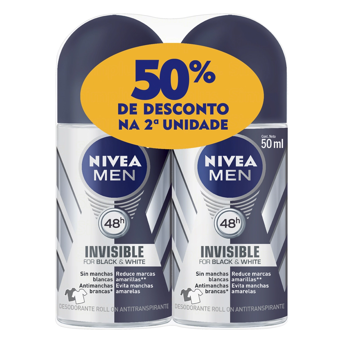Pack Antitranspirante Roll On Invisible Black White Nivea Men 2 Unidades 50ml Cada Grátis 50 De Desc