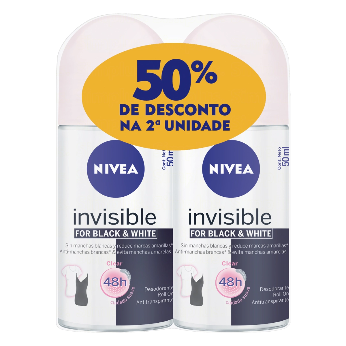 Pack Antitranspirante Roll On Invisible Black White Clear Nivea 2 Unidades 50ml Cada Grátis 50 De De