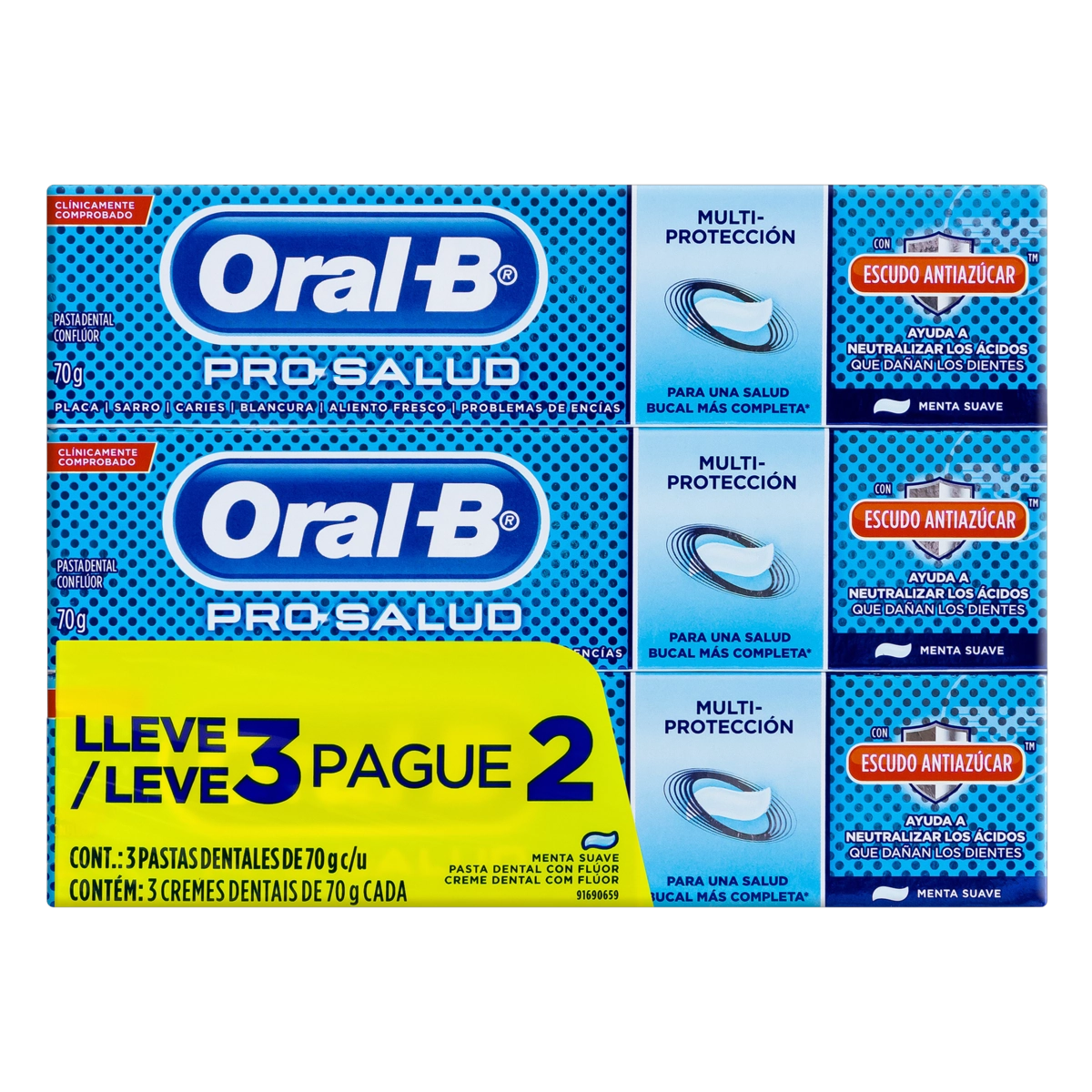 Pack Creme Dental Menta Suave Oral B Pro Saúde Escudo Anti Açúcar Caixa 70g Cada Leve 3 Pague 2 Unid