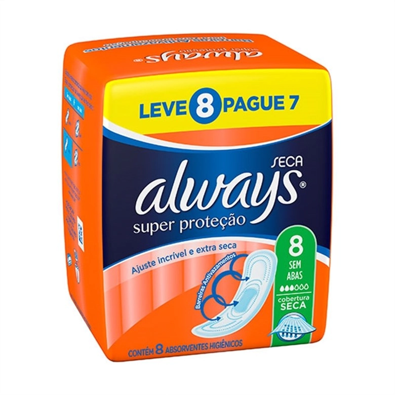 Absorvente Sem Abas Seca Always Super Proteção Pacote Leve 8 Pague 7 Unidades