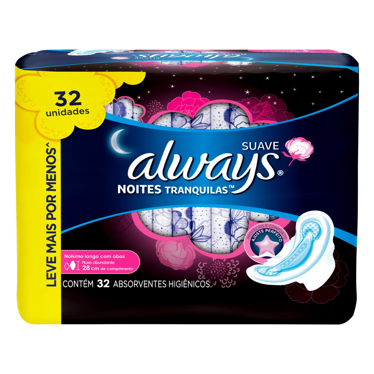 Absorvente Com Abas Suave Always Noturno Grande Pacote 32 Unidades Grátis 4 Absorventes