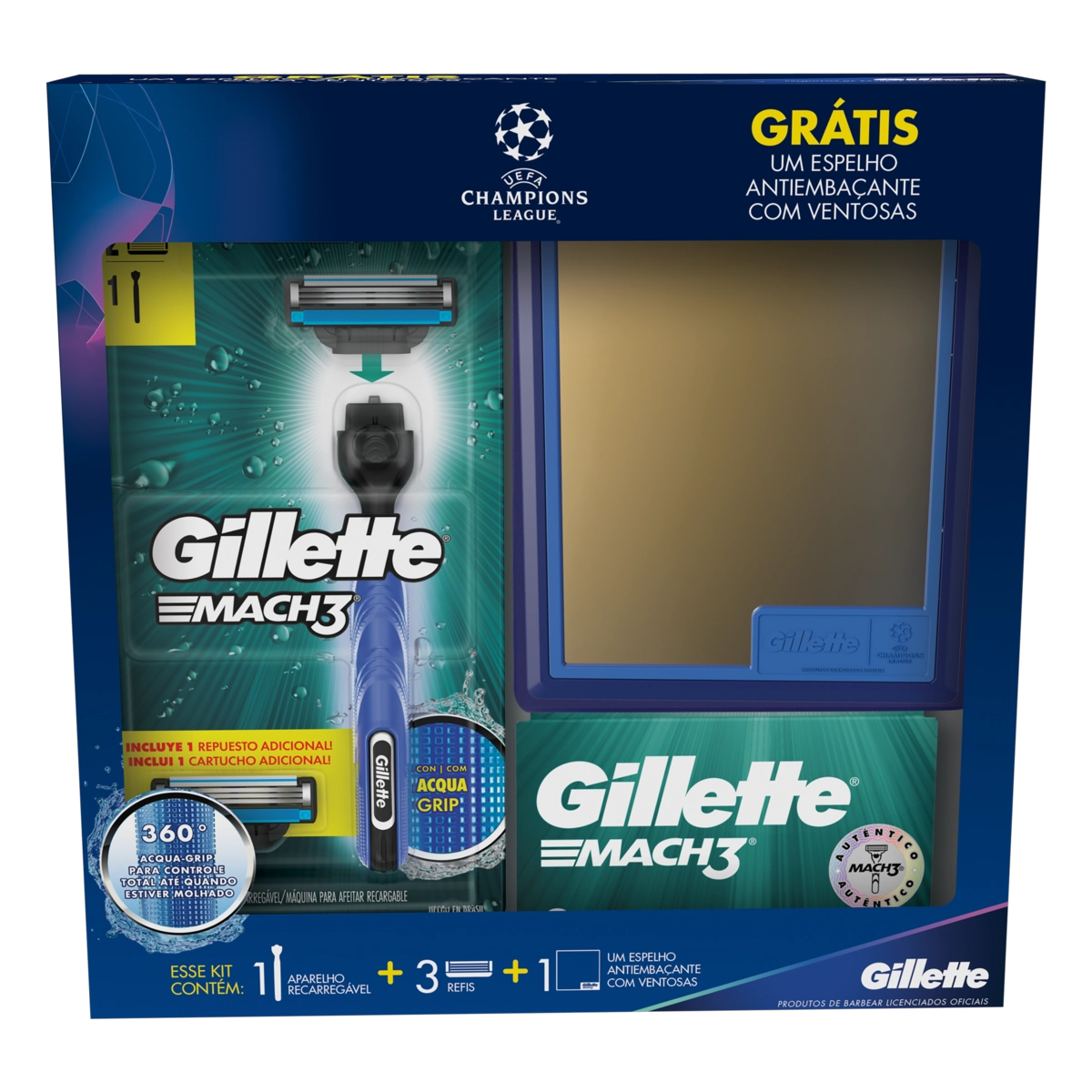 Kit 1 Aparelho Recarregável 3 Cargas Para Barbear Uefa Champions League Gillette Mach3 Grátis 1 Espe