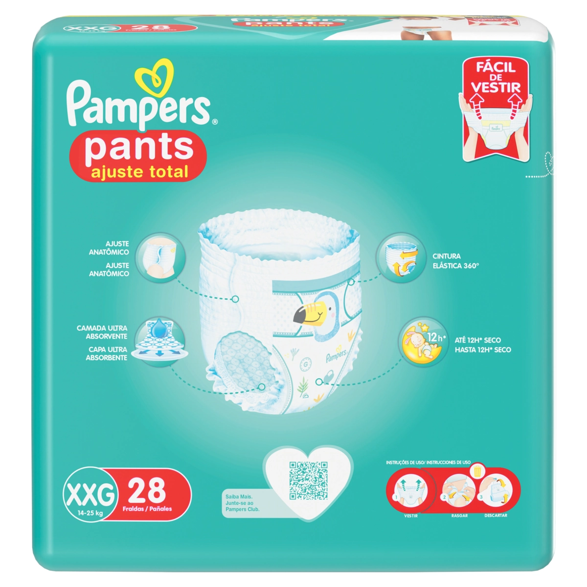 Fralda Descartável Infantil Pants Pampers Ajuste Total Xxg Pacote 26 Unidades Grátis 2 Fraldas