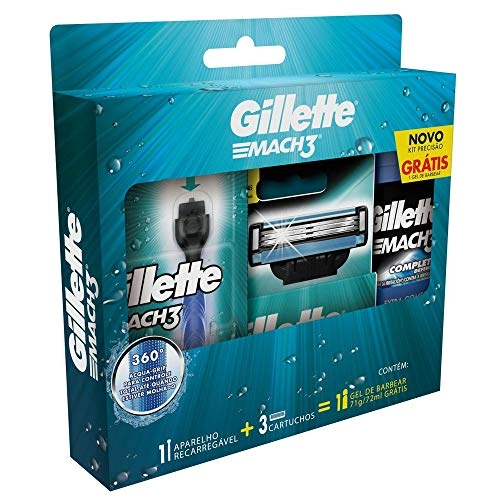 Kit 1 Aparelho Recarregável 3 Cargas Para Barbear Gillette Mach3 Grátis 1 Gel De Barbear Extra Comfo