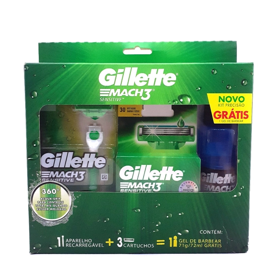 Kit 1 Aparelho Recarregável 3 Cargas Para Barbear Gillette Mach3 Sensitive Grátis 1 Gel De Barbear E