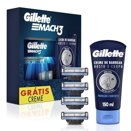 Kit 4 Cargas De Aparelho Para Barbear Gillette Mach3 Grátis Creme De Barbear Rosto E Corpo Gillette