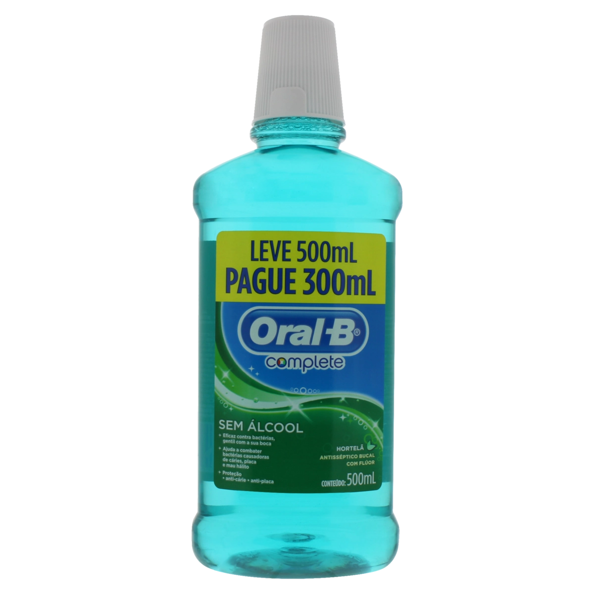 Enxaguante Bucal Zero álcool Hortelã Oral B Complete Cuidado Anticárie Frasco Leve 500ml Pague 300ml