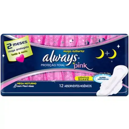 Always Pink Noturno Proteção Total Com Abas 12 Unidades