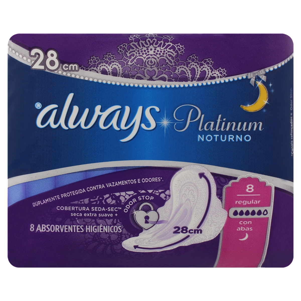 Absorvente Com Abas Seca Always Platinum Noturno Regular Pacote 8 Unidades
