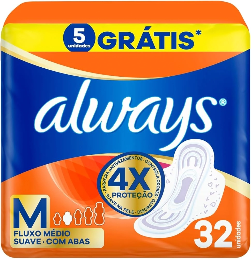 Absorvente Com Abas Suave Always M Pacote 32 Unidades Grátis 4 Absorventes