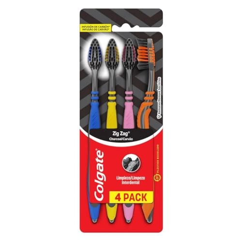 Escova Dental Macia Infusão De Carvão Colgate Zig Zag Cabeça Normal 4 Unidades