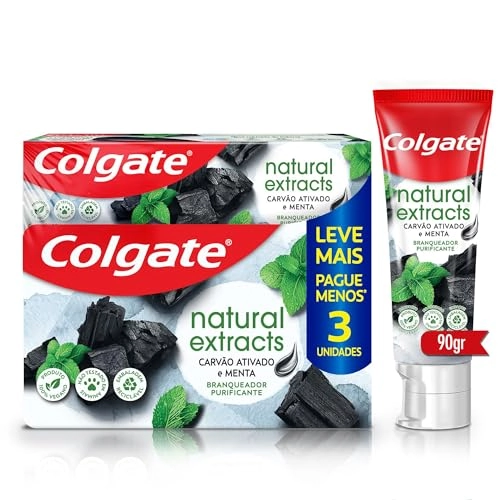 Pack Gel Dental Carvão Ativado Menta Colgate Natural Extracts Purificante Caixa 3 Unidades 90g Cada
