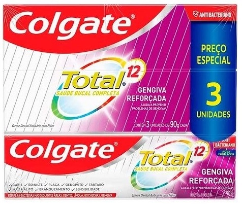 Pack Creme Dental Colgate Total 12 Gengiva Reforçada Caixa 3 Unidades 90g Cada