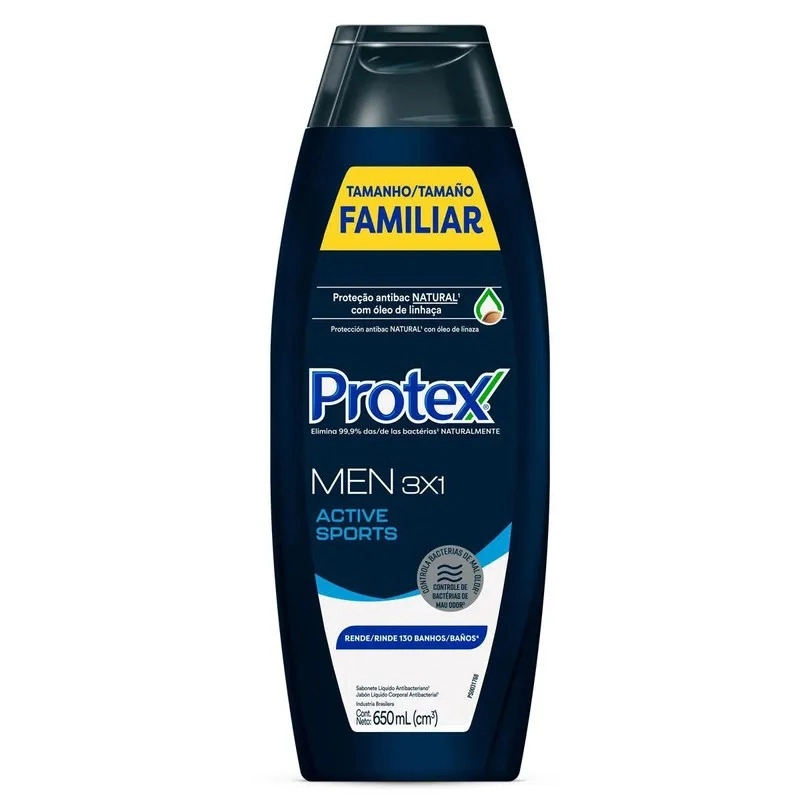 Sabonete Líquido Antibacteriano 3 Em 1 Protex Men Active Sports Frasco 650ml Tamanho Familiar
