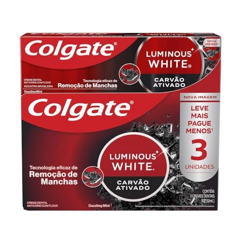 Pack Creme Dental Carvão Ativado Dazzling Mint Colgate Luminous White Caixa 3 Unidades 70g Cada