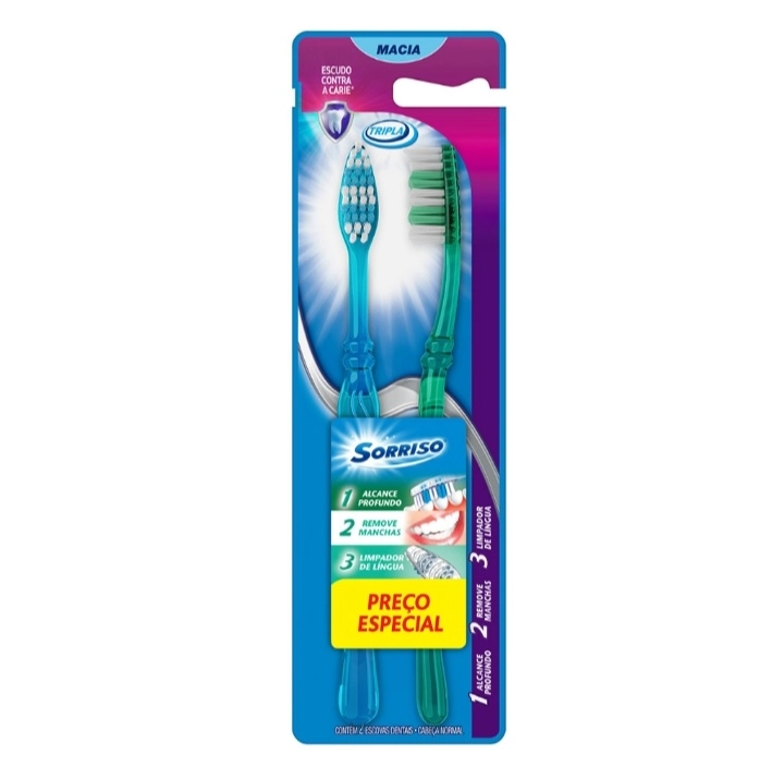 Escova Dental Macia Tripla Sorriso Cabeça Normal 2 Unidades