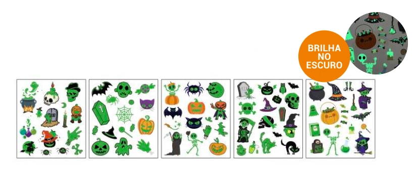 Conj. De Tatuagem Halloween Diverso Brilha No Escuro C/5