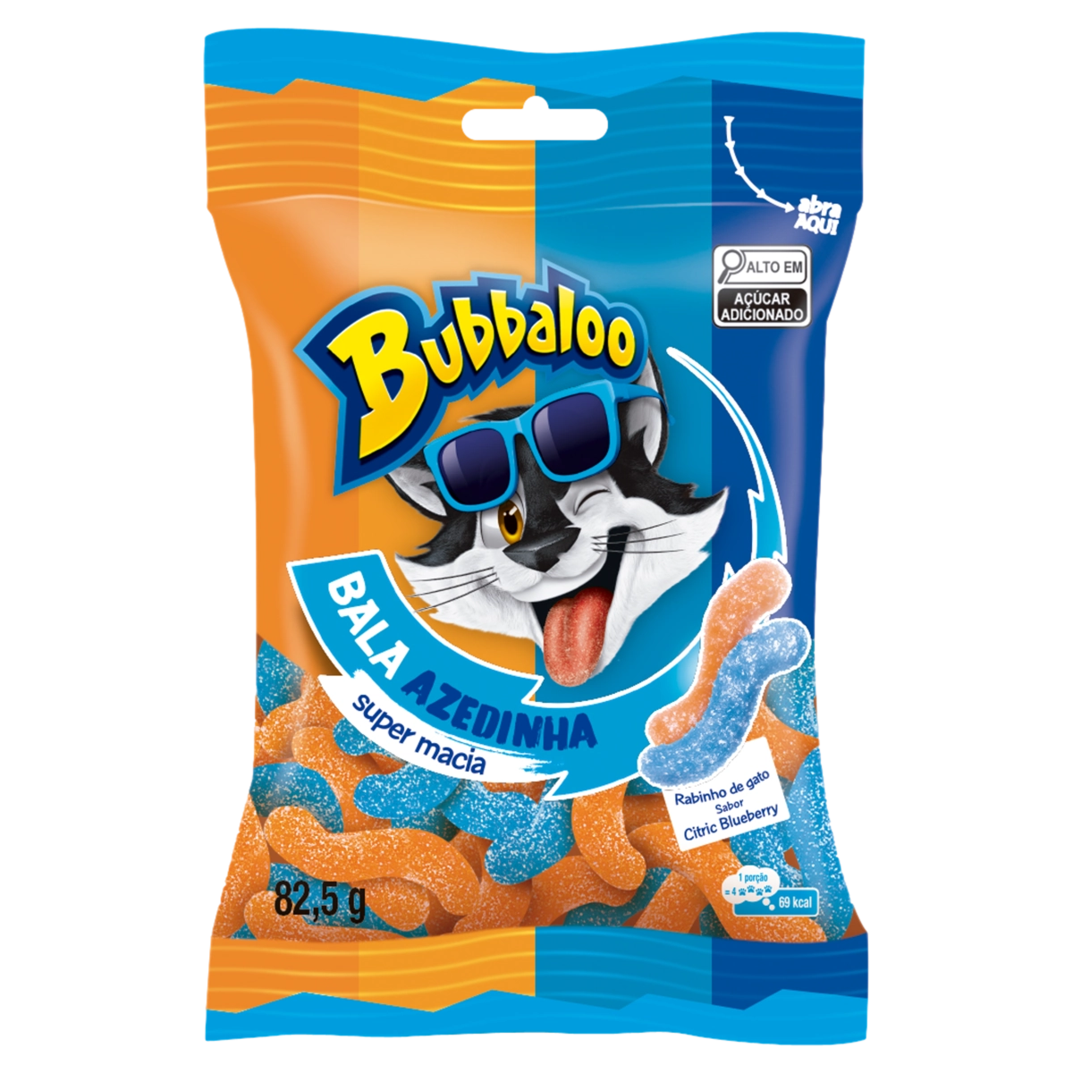 Bala Citric Blueberry Rabinho De Gato Bubbaloo Pacote 82,5g