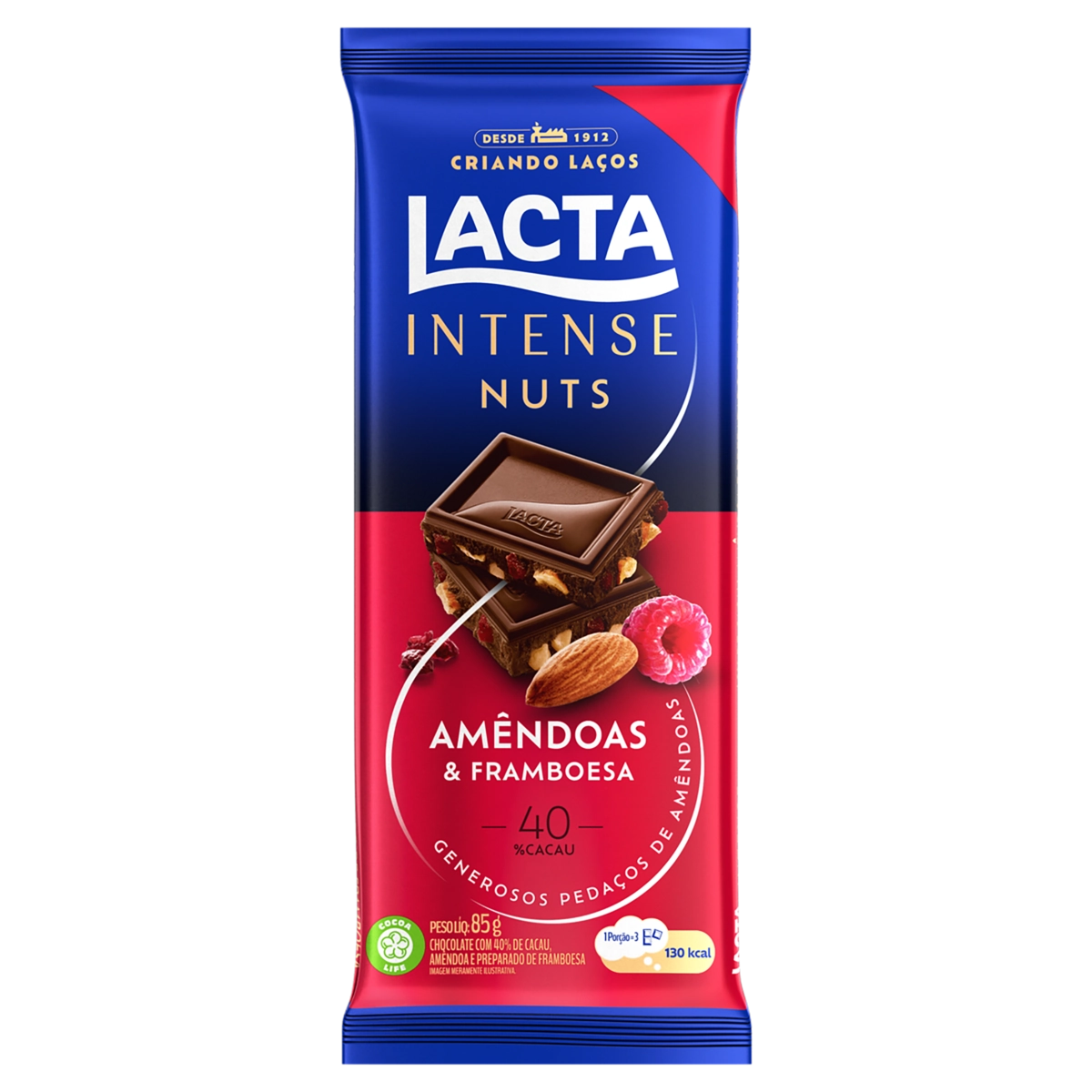 Chocolate 40 Cacau Amêndoas Framboesa Lacta Intense Pacote 85g
