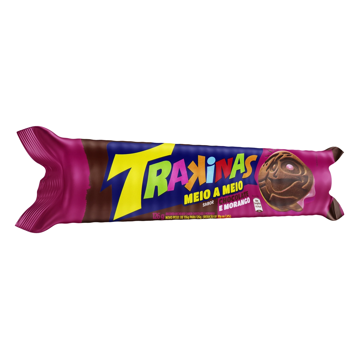 Biscoito Recheio Chocolate E Morango Trakinas Meio A Meio Pacote 126g