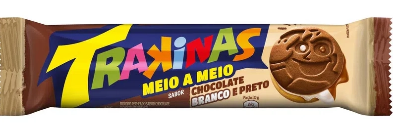 Biscoito Recheio Chocolate Branco E Preto Trakinas Meio A Meio Pacote 126g