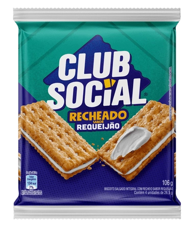 Pack Biscoito Integral Recheio Requeijão Club Social Pacote 106g 4 Unidades