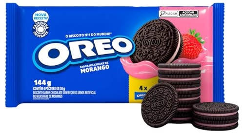 Pack Biscoito Chocolate Recheio Milkshake De Morango Oreo Pacote 144g 4 Unidades