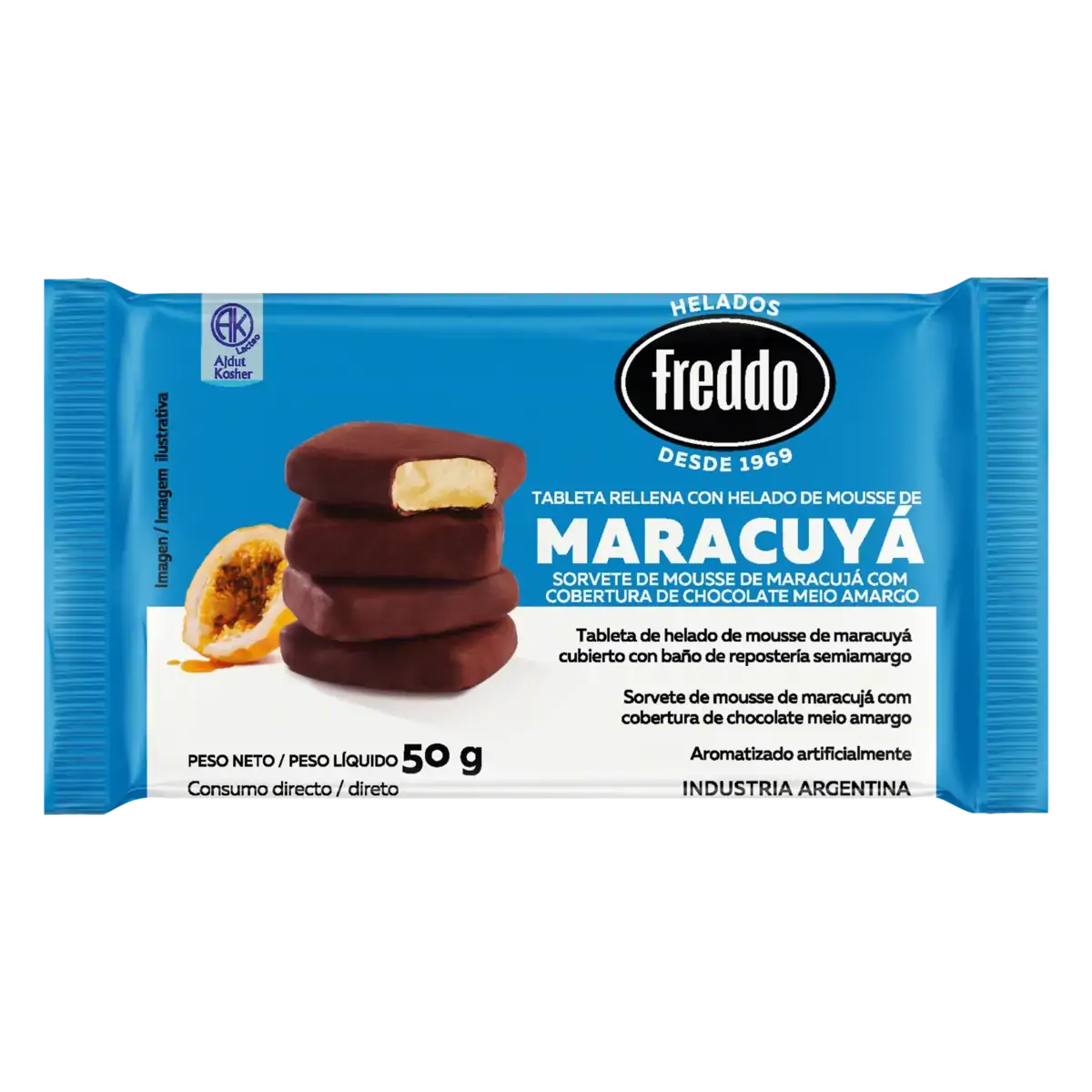 Sorvete Mousse De Maracujá Cobertura Chocolate Meio Amargo Freddo Pacote 50g