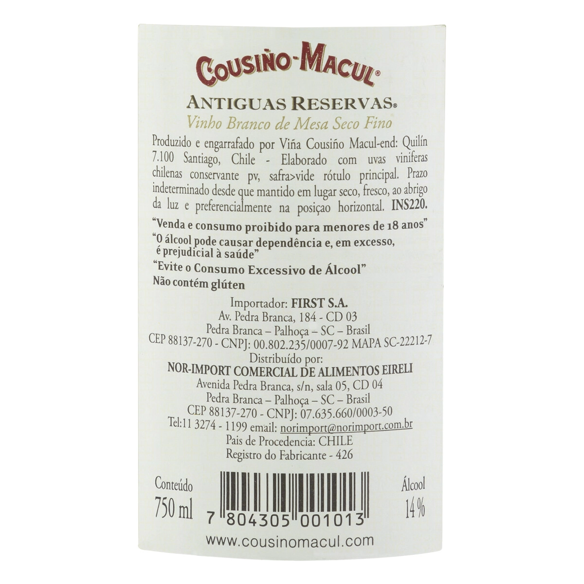 Vinho Chileno Branco Seco Antiguas Reservas Cousiño Macul Chardonnay Valle Del Maipo Garrafa 750ml