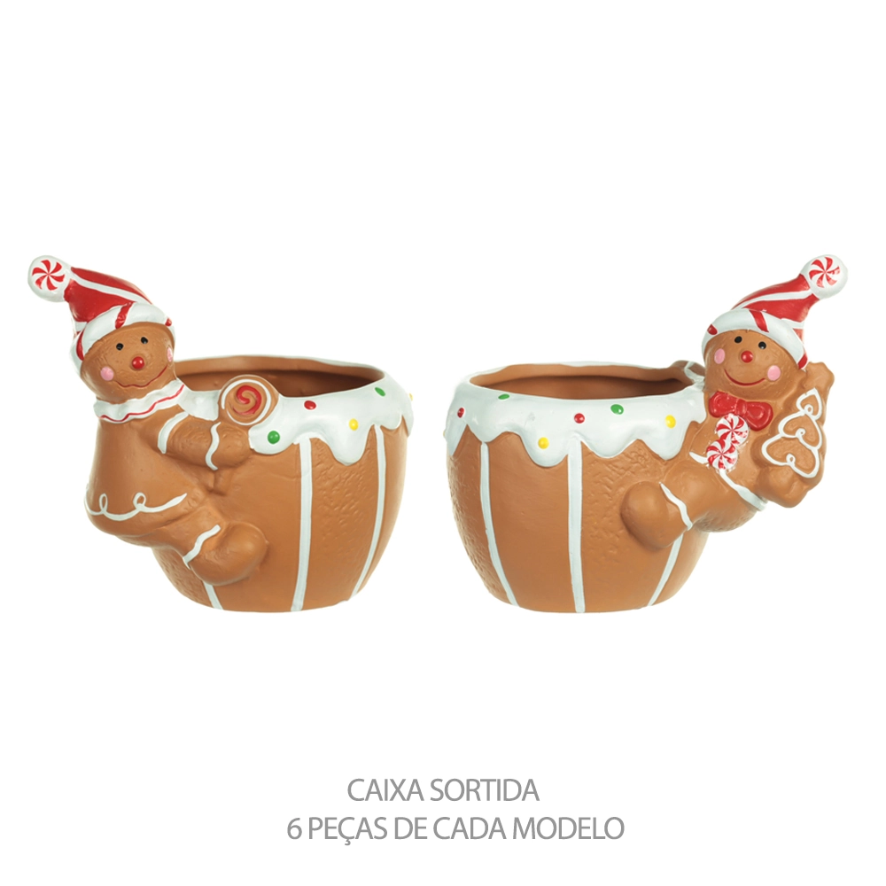 Vaso Natal Boneco Biscoito Bege Colorido 10x8x10.6cm 57139001 Dea