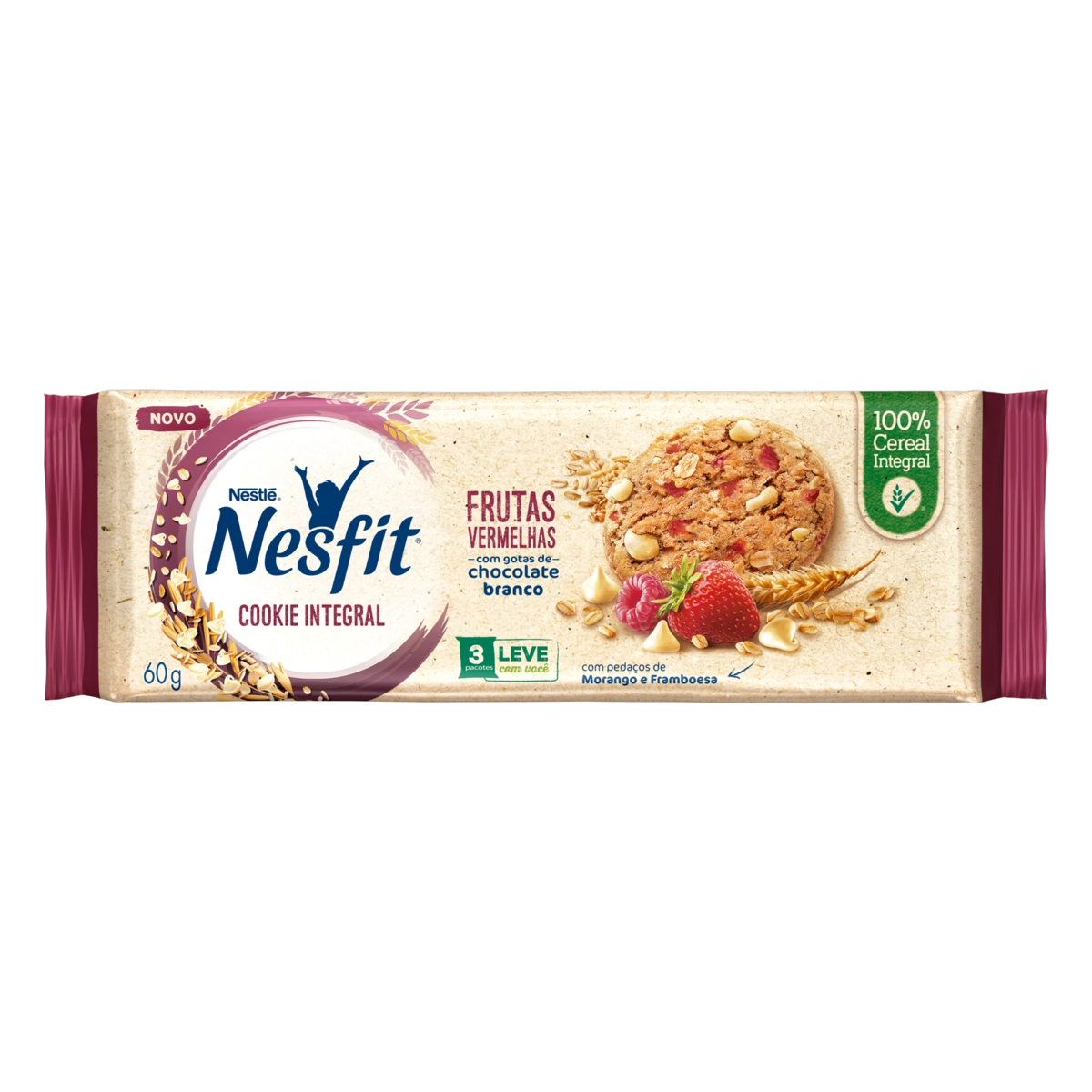 Biscoito Cookie Integral Frutas Vermelhas Com Gotas De Chocolate Branco Nesfit Pacote 60g