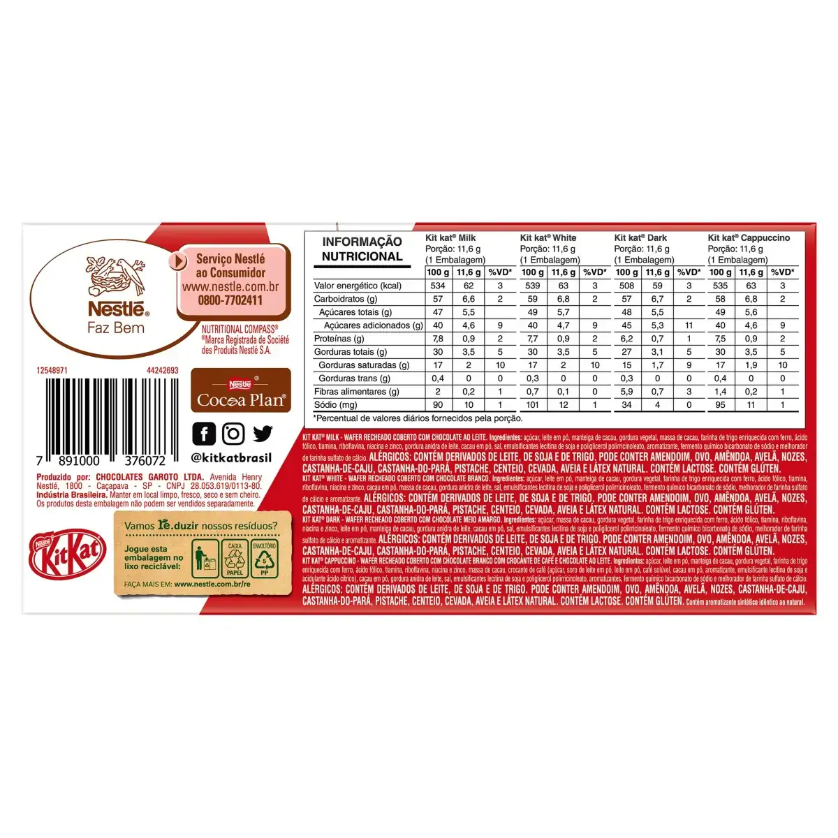 Wafer Milk, White, Dark E Cappuccino Kitkat Celebreak Caixa 185,6g 16 Unidades
