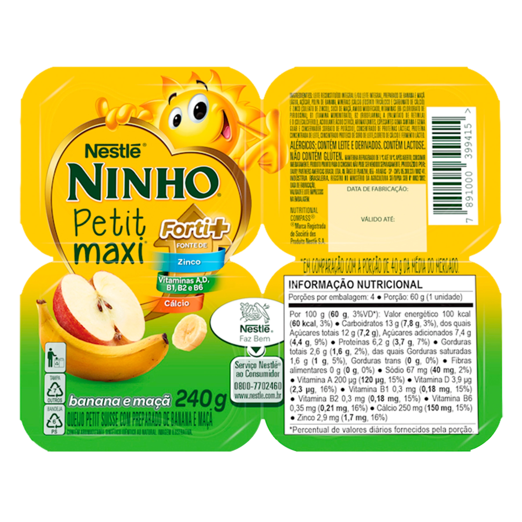 Queijo Petit Suisse Banana E Maçã Ninho Petit Maxi Forti Bandeja 240g 4 Unidades