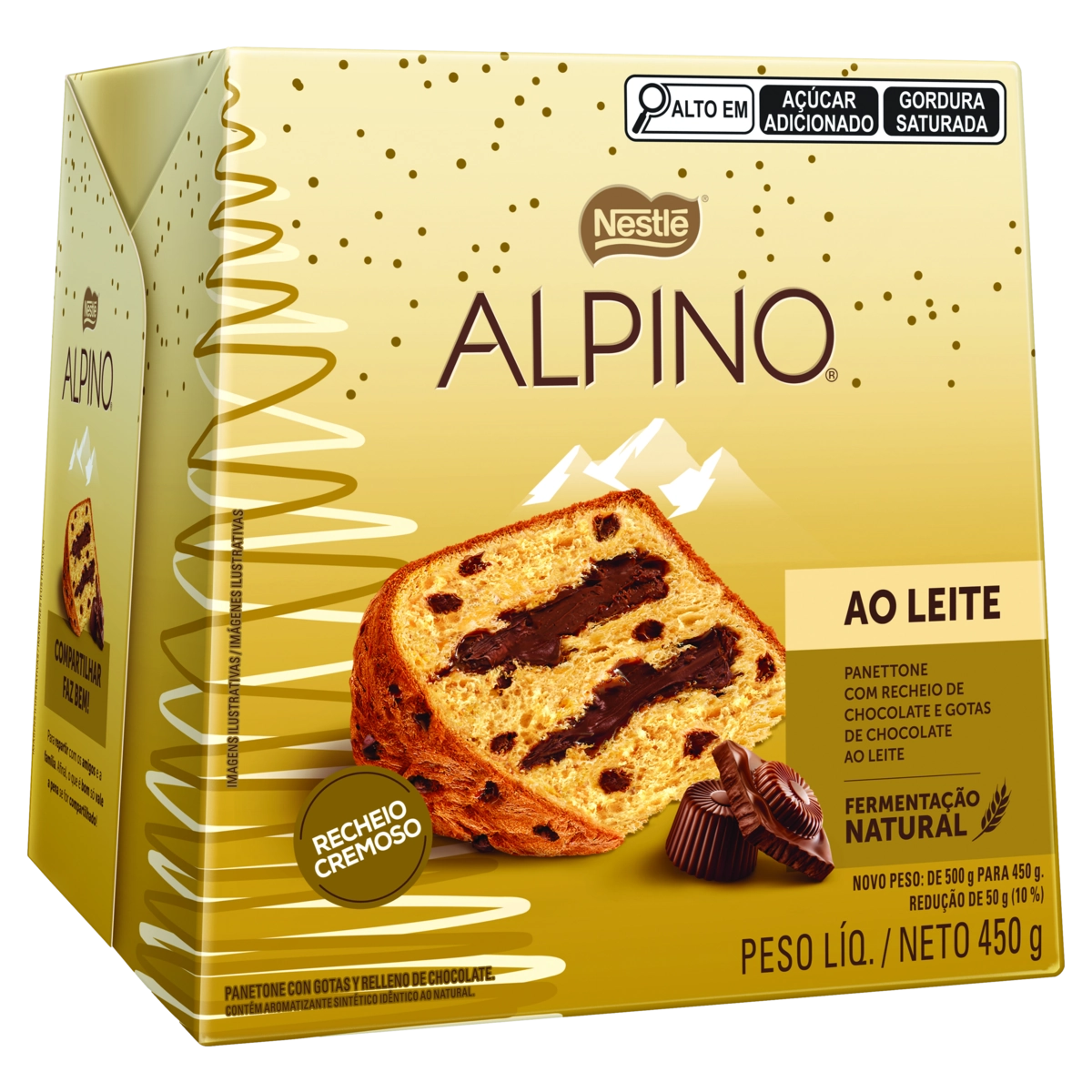 Panettone Com Gotas De Chocolate Ao Leite Recheio Chocolate Alpino Nestlé Caixa 450g