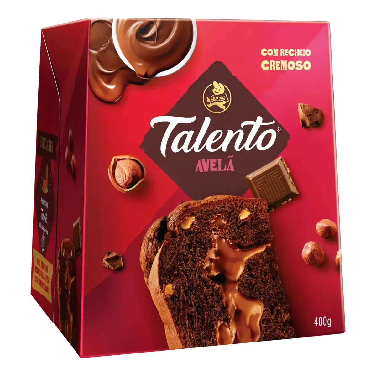 Panettone Chocolate Talento Avelã Recheio Gianduia Garoto Caixa 400g