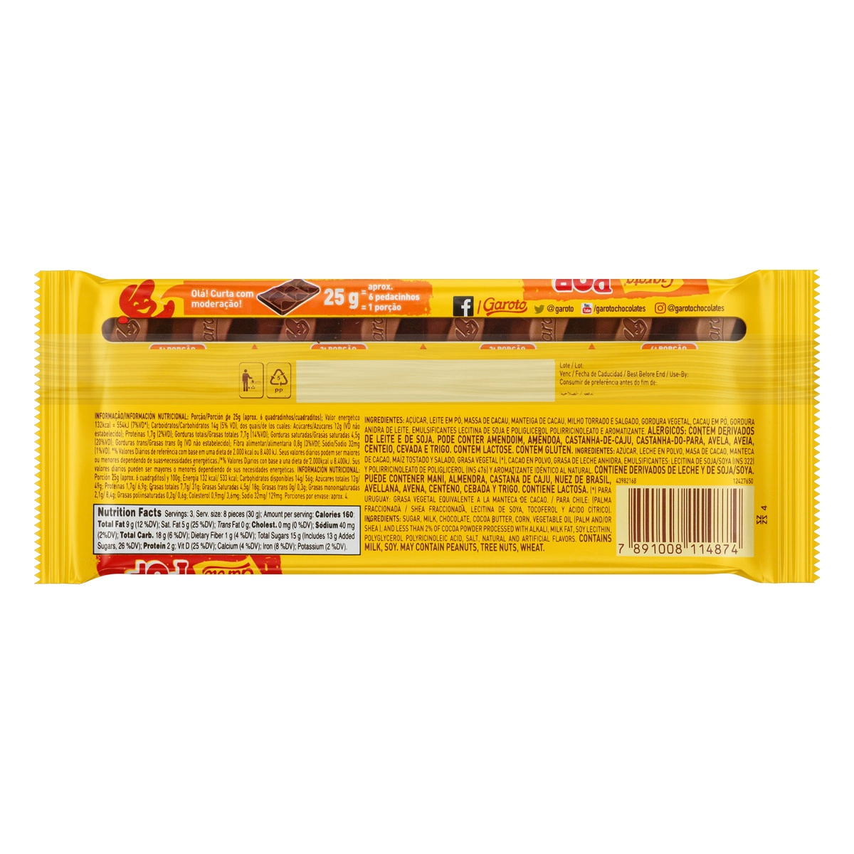 Chocolate Ao Leite Pop Garoto Cacau Do Brasil Pacote 90g